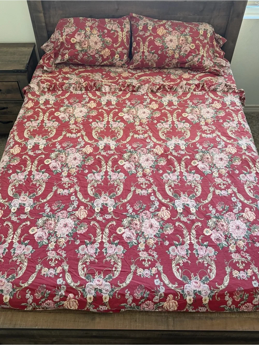 Ralph Lauren Marseilles 1 Queen Flat Sheet & 2 Standard Pillow Cases Red Floral